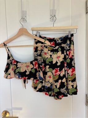 Urban Outfitters Black Floral Two-Piece Crop Top and Shorts Set